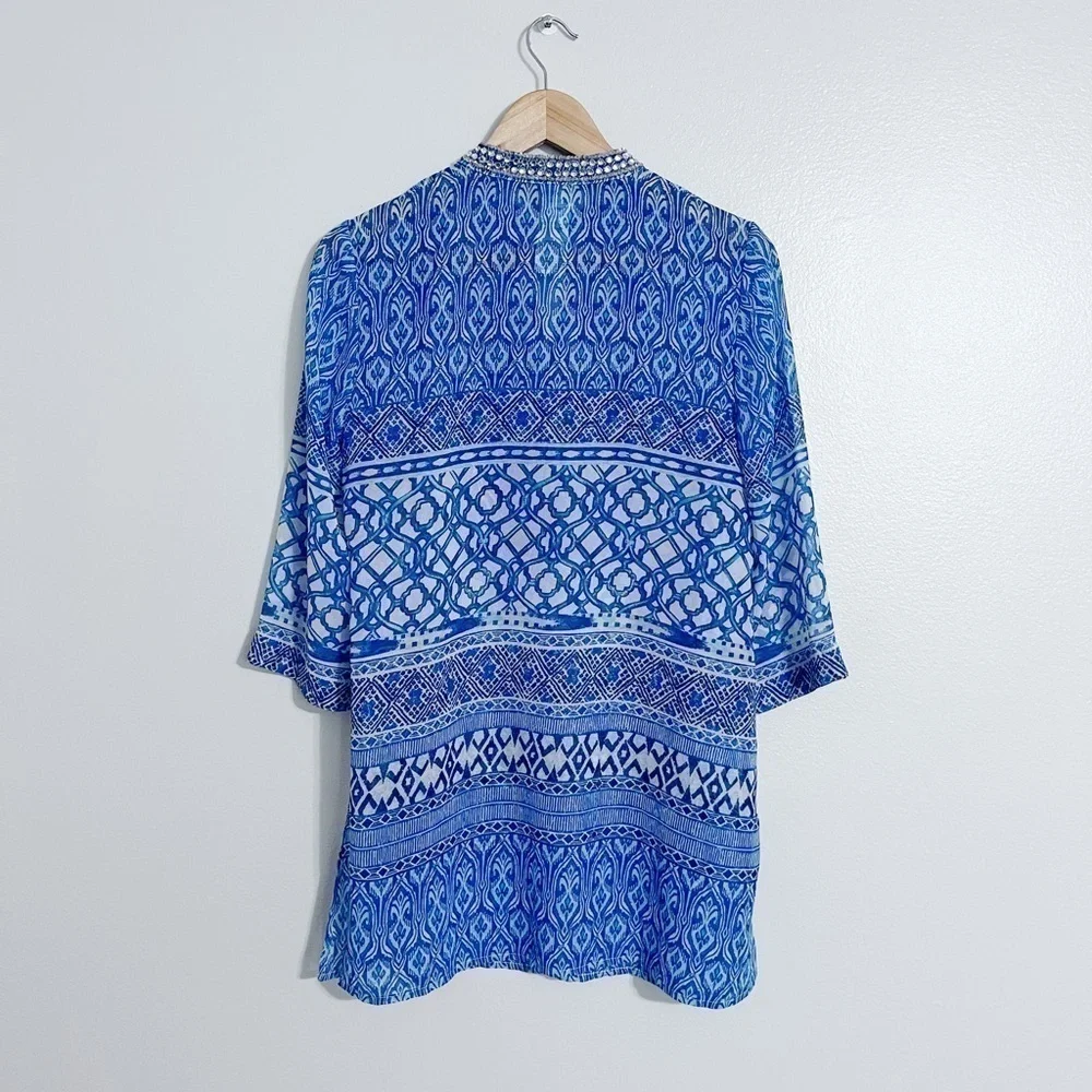 Chicos Mixed Print Rhinestone Top